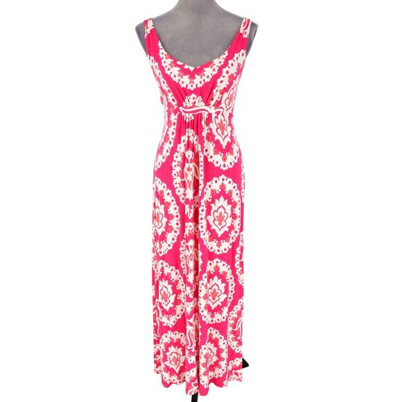Boden Dress Womens 4 Pink White Floral Maxi Ruched Waist Stretch Knit Beach - Picture 1 of 12